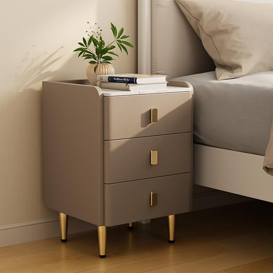 AQIMUELE Narrow Nightstand with Drawers, Narrow Side Table Leather, Small Bedside Tables for Bedroom. (Beige)