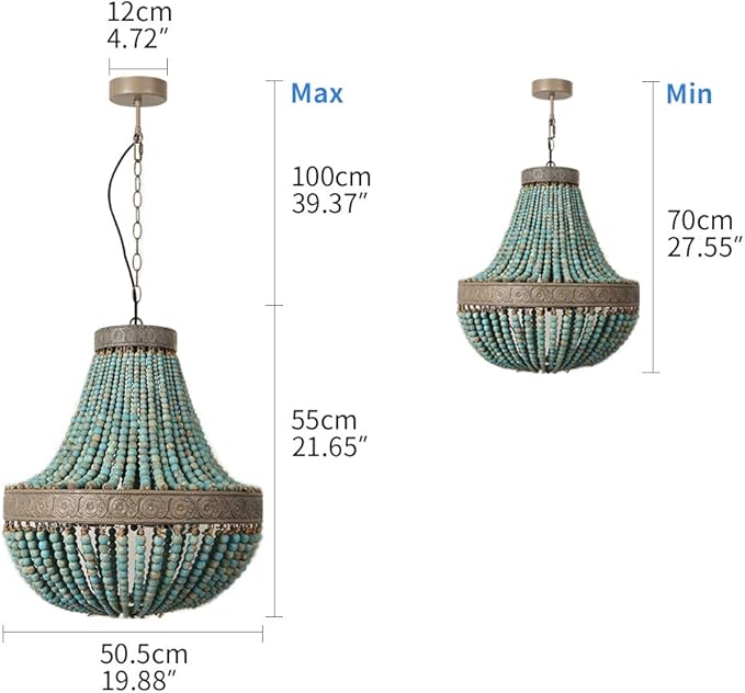 Newrays Wood Bead Chandelier Pendant Gray Blue Finishing Bohemian Boho Beachy Ceiling Lamp Light Fixtures (19.88 in*21.65 in)