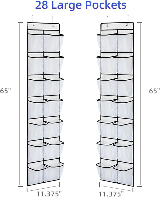 KEEPJOY Over the Door Shoe Organizer, Hanging Shoe Organizer with 4 Hooks, Shoe Holder with 14 Mesh Pockets Closet Door Shoe Storage Bag (White-2Pack)