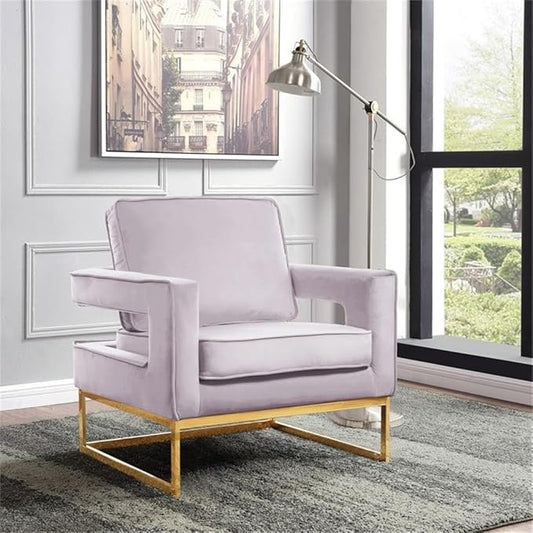 Meridian Furniture Modern | Contemporary Pink Velvet Upholstered Accent Chair with Stainless Steel Base in a Rich Gold Finish, 33.5" W x 29.5" D x 35.5" H,