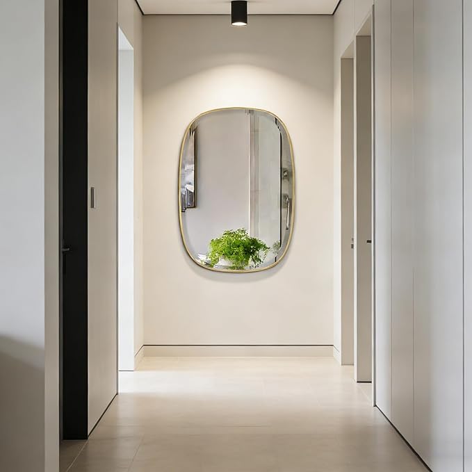POZINO Bathroom Beveled Mirror, 24"x32" Brushed Gold Mirrors for Over Sink, Brass Rounded Rectangle Mirrors, Modern Vanity Wall Mirror in Premium Stainless Steel Frame, Horizontal or Vertical Hanging