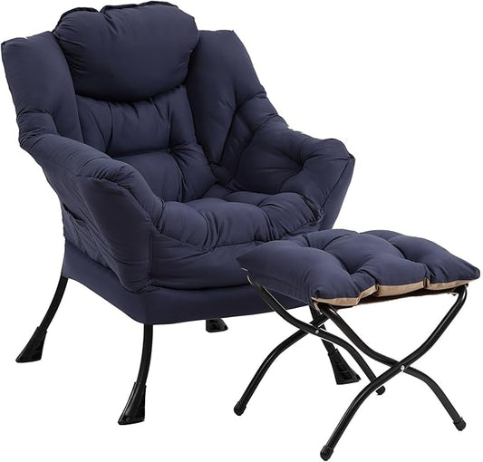 Lazy Chair with Ottoman, Modern Accent Chair with Folding Footrest, Navy Blue Sofa Chair Set, Comfortable Reading Chairs, Oversized Armchairs for Bedroom, Study, Living Room, Courtyard