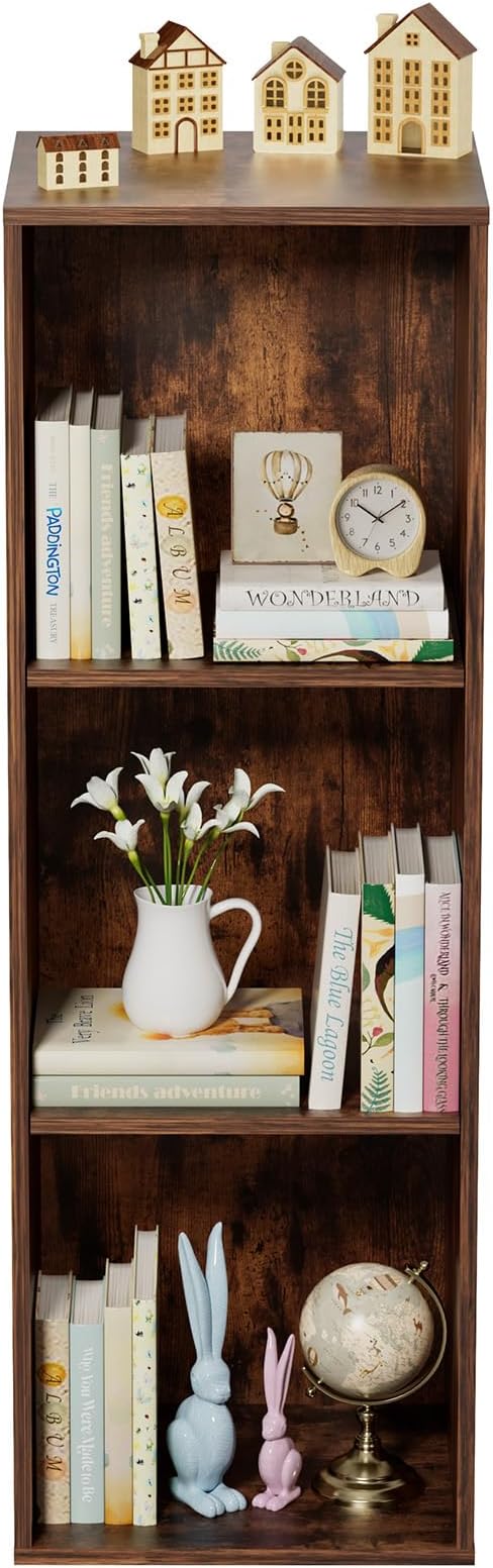 3 Tier Bookshelf, Narrow Bookcase for Small Spaces, Wooden Book Case Bookshelves Storage Organizer for Bedroom Living Room Home Office (Retro Brown, 3 Cube)