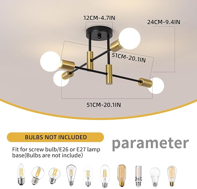 Garwarm Semi Flush Mount Ceiling Light Fixture,4-Light Gold and Black Modern Sputnik Chandelier, mid Century Light Fixture for Kitchen Dining Room Bedroom Foyer Entryway Hallway Closet