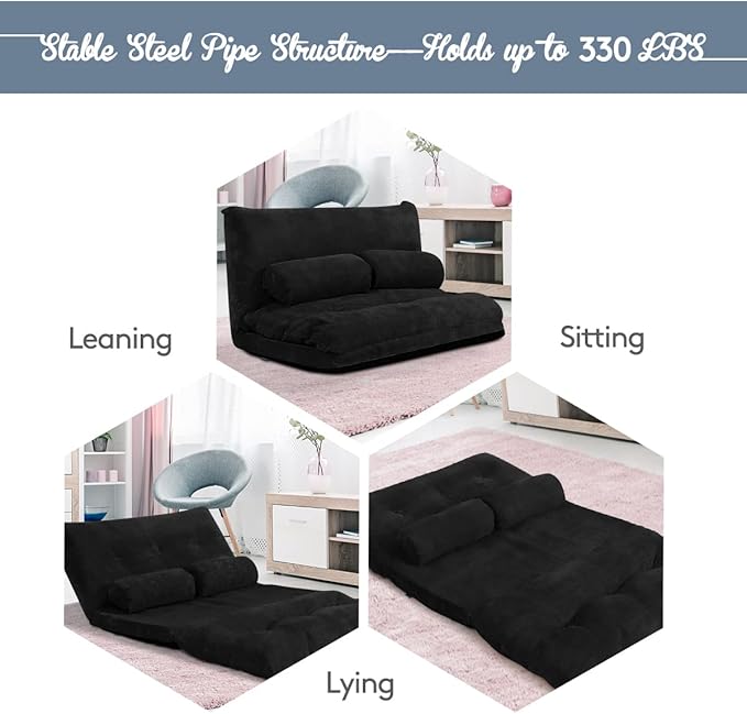 Giantex Adjustable Floor Sofa Couch with 2 Pillows, Multi-Functional 6-Position Foldable Lazy Sofa Sleeper Bed, Multi-Functional Suede Floor Seating for Reading Gaming (Black)