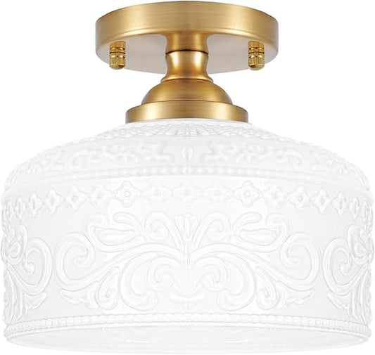 Artistic Gold Handcrafted Semi Flush Mount Ceiling Light - 12 Inch Vintage White Glass Shade with Etched Patterns, Easy Install Small Ceiling Light Fixture for Hallway, Kitchen, Bedroom