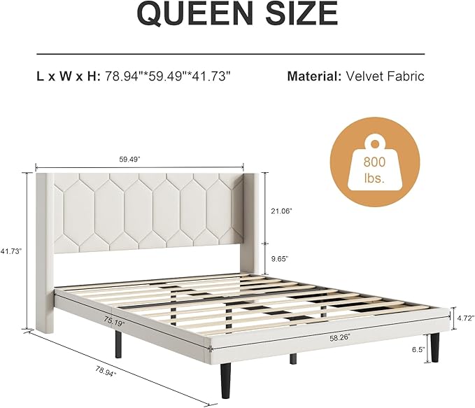 Queen Size Bed Frame with Headboard, Velvet Upholstered Platform Bed Frame No Box Spring Needed, Queen Sized Modern Bedframe with Strong Wooden Slats, Beige