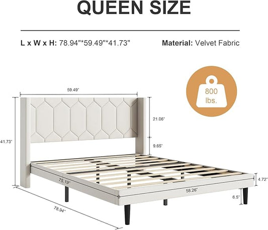 Queen Size Bed Frame with Headboard, Velvet Upholstered Platform Bed Frame No Box Spring Needed, Queen Sized Modern Bedframe with Strong Wooden Slats, Beige