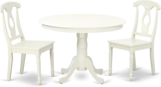 East West Furniture HLKE3-LWH-W 3 Piece Kitchen Table & Chairs Set Contains a Round Dining Room Table with Pedestal and 2 Dining Chairs, 42x42 Inch, Linen White
