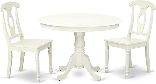 East West Furniture HLKE3-LWH-W 3 Piece Kitchen Table & Chairs Set Contains a Round Dining Room Table with Pedestal and 2 Dining Chairs, 42x42 Inch, Linen White