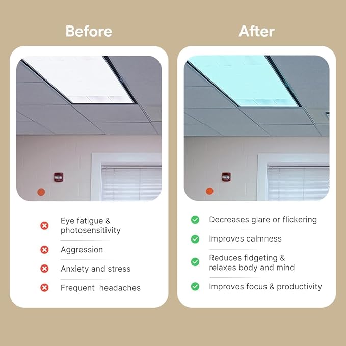 Fluorescent Light Covers for Ceiling Lights - Flicker & Glare Reducing Filters for Ceiling Lights - Overhead Light Covers - Light filters for Classroom and Office - 48" x 24", Blue (8 Pack)