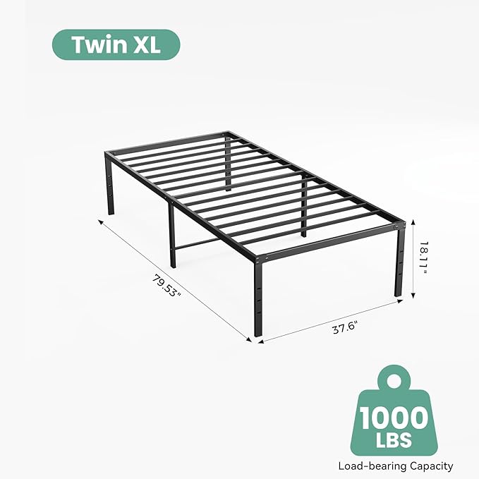 Sweetcrispy Twin XL Size 18 Inch Platform Bed Frame, Heavy Duty Metal Foundation Frame, Noise-Free Sturdy Steel Slats, Underbed Storage, No Box Spring Needed, Quick Setup