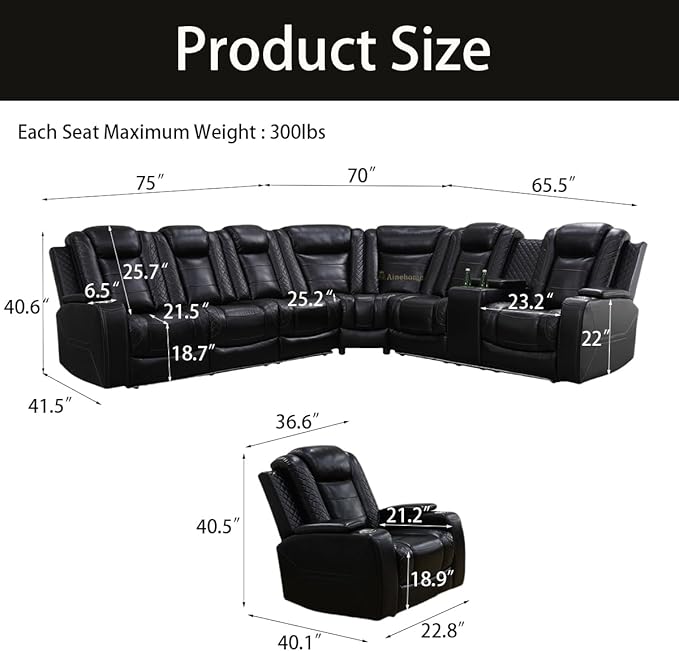A Ainehome Power Reclining Sectional Couch, Power Leather Recliner Sectional Sofa Living Room Furniture Set with USB Port/Storage Console for Living Room/Office(B-Black)