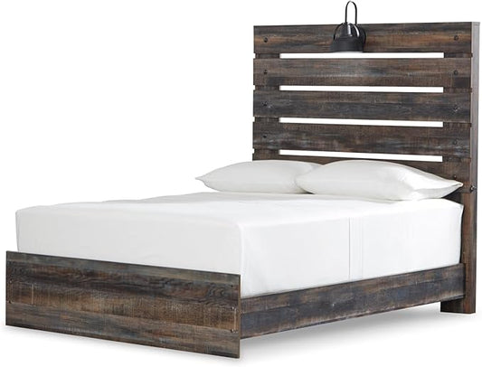 Signature Design by Ashley Drystan Rustic Full Panel Bed, Sconce LED Lights, USB Ports and Nailheads, Foundation or Box Spring Needed, Dark Brown & Gray