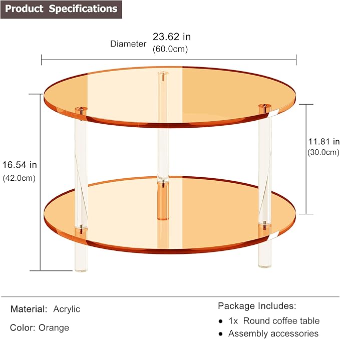 Acrylic Round Coffee Table, 23.6" Wide Modern Tea Table with Storage Shelf, 2-Tier Circle Center Table for Living Room, Office Reception and Apartment (Orange)