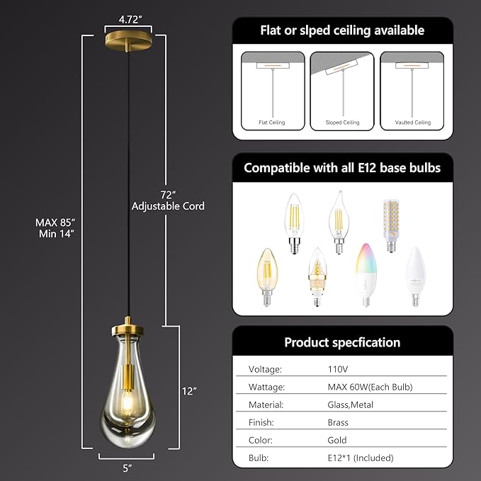 Raindrop Pendant Lights Kitchen Island Set of 3, Brass Teardrop Pendant Lights Dining Room Modern Gold Rain Pendants Glass Waterdrop Pendant Light for Island, Living Room,Included E12 Bulb