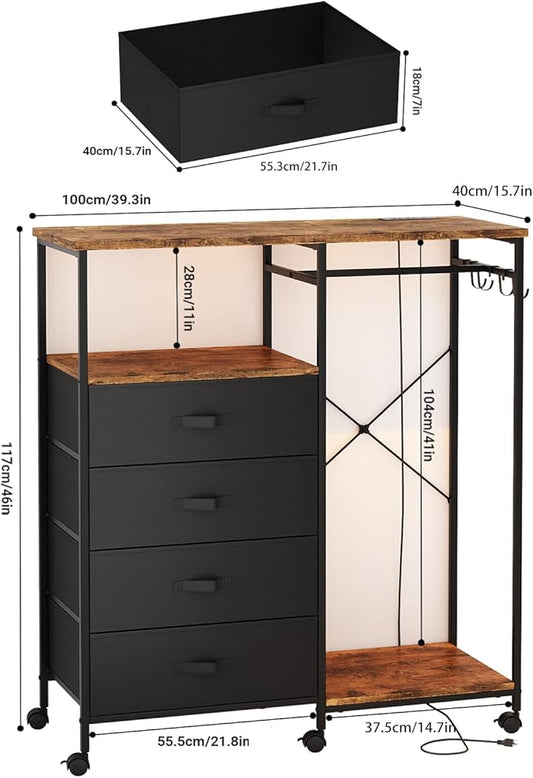 Dresser for Bedroom with Clothes Rack, 4 Drawers Dresser with Charging Station and LED Lights, Storage Chest of Drawers with Wheels, Wooden Top, for Closet, Living Room, Hallway, Rustic Brown