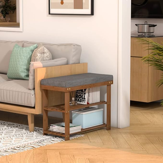 Domax Shoe Rack Bench for Entryway, 3-Tier Bamboo Shoe Holder with Cushioned Upholstered Seat, Brown