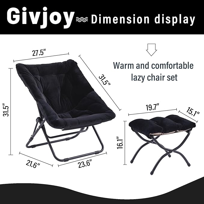 Comfy Folded Chair with Ottoman, Oversized Folding Faux Fur Chair Soft Furry Lazy Chair with Metal Frame Moon Chair Accent Chair for Bedroom, Living Room, Dorm Rooms