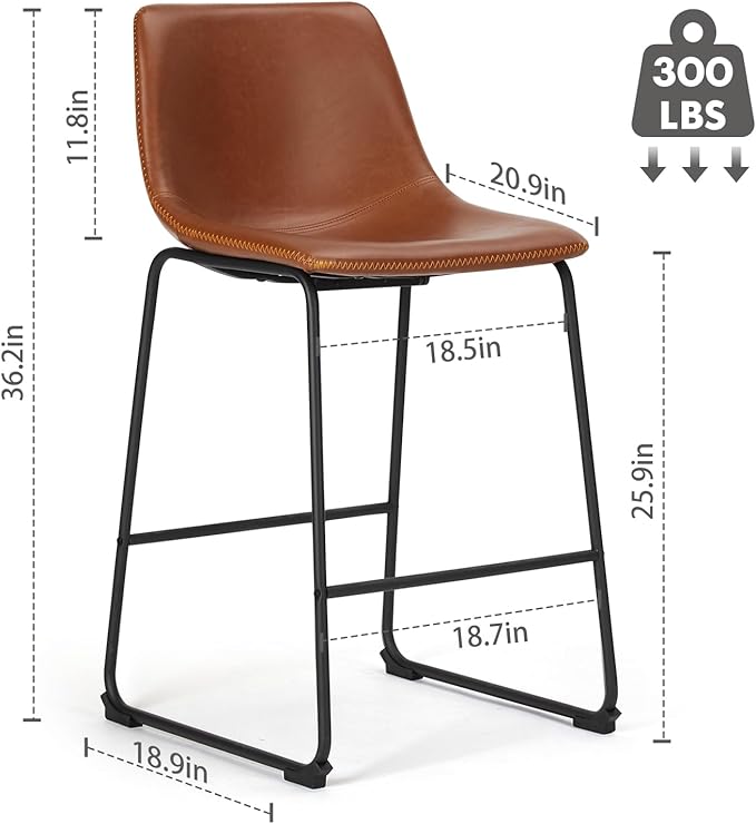 NEWBULIG 26 Inch Counter Height Bar Stools Set of 2, Armless Bar Height Stools, Faux Leather Barstools with Back, Kitchen Island Chairs, Comfortable Modern Chairs with Metal Legs, Classic Brown