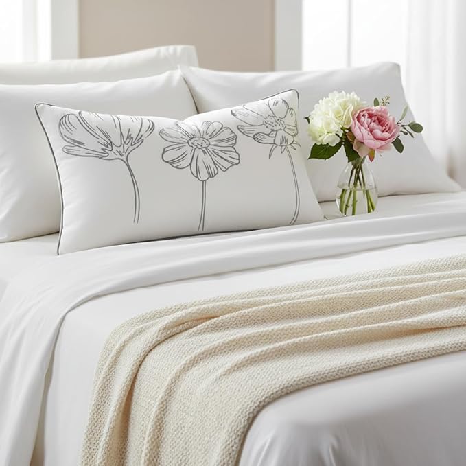 Sunkifover Decorative Floral Lumbar Pillow Cover 12x20 Inch Grey and White Cotton Embroidery Flower Throw Pillowcase Cushion Cover for Bed Bedroom, Living Room, Sofa