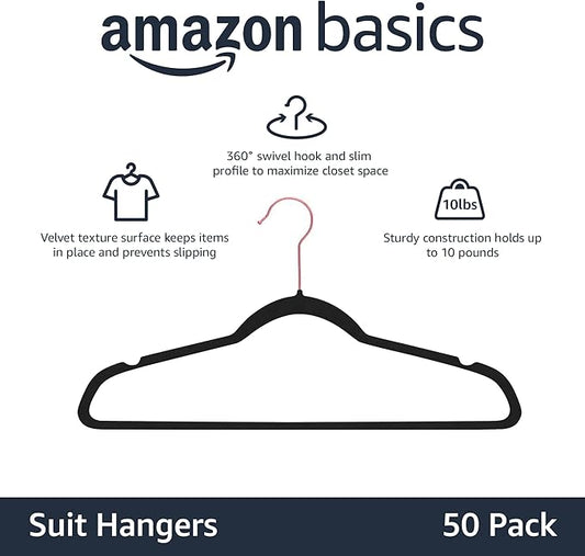 Amazon Basics Slim Velvet Non-Slip Space Saving Suit Clothes Hangers for Closet Organization, Black/Rose Gold, 50-Pack