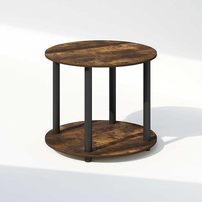 Furinno Turn-N-Tube Side Table, 2-Tier Round End Table with Open Shelf, Night Stand, Bedside Table, Toolless Assembly, for Living Room, Bedroom, Amber Pine