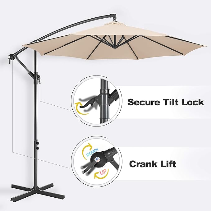 FLAME&SHADE 10ft Cantilever Patio Umbrella Outdoor, Large Offset Umbrella with Crank and Cross Base, UPF 50+ UV Protection Hanging Umbrella for Pool Deck Garden, Beige