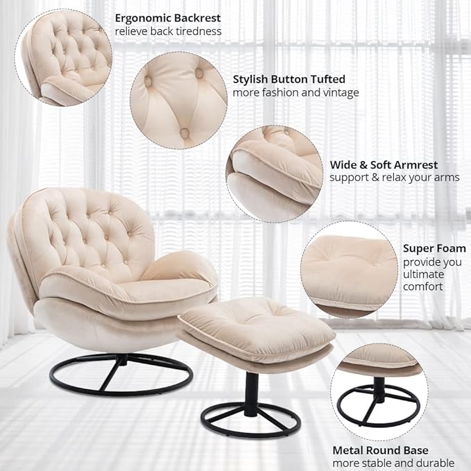 Velvet Swivel Accent Chair with Ottoman Set, Modern Lounge Chair with Metal Base Frame & Footrest, Comfortable Single Leisure Sofa Chair Reading Chair with 360 Degree Swiveling for Living Room, Beige