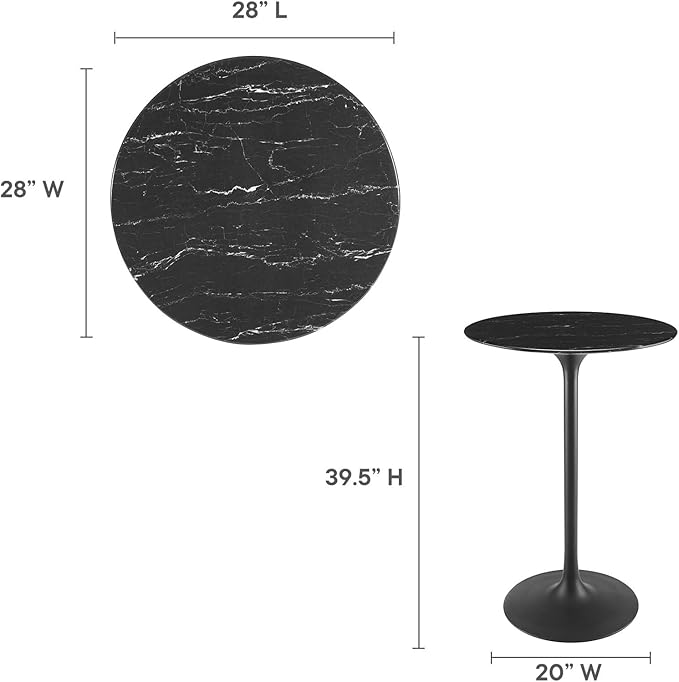 Modway Lippa Round 28" Mid-Century Modern Artificial Marble Bar Table in Black Black