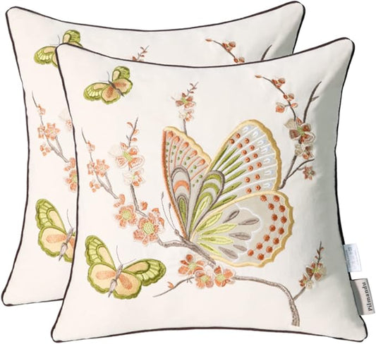 Set of 2 Embroidered Decorative Throw Pillow Covers Couch Square Pillowcases Cushion for Bedroom Sofa Farmhouse Decor 18x18 Inch (Brown Butterfly)