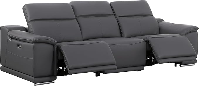 BlackJack Furniture Venice Top Grain Italian Leather Dual Power Recliner Sofa - 107" Theater Seating Modern Couch for Living Room Apartment Lounge Home with Adjustable Headrests & USB Port, Dark Grey