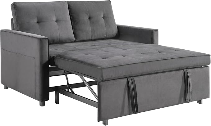 Sofa Bed, Pull Out Couch with Side Pockets, 3 in 1 Velvet Fabric Loveseat Sleeper Sofa Bed, Pull Out Couch with Adjustable Backrest for Living Room, Bedroom, Apartment, Gray, 53 Inch