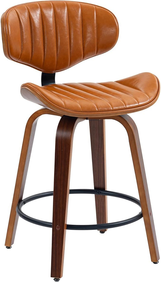 Swivel Bar Stools, 24 inch PU Leather Wooden Bentwood Barstools Counter Height Modern Breakfast Bar Chairs with Backrest and Footrest for Kitchen Island, Dining Room, Bar D035-Brown-1