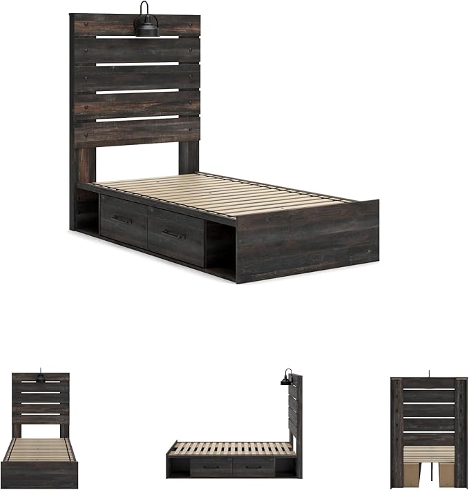 Signature Design by Ashley Drystan Rustic Twin Panel Platform Bed with 4 Storage Drawers, Open Cubbies, Sconce LED Light and USB Ports, Foundation or Box Spring Not Needed, Dark Brown & Gray