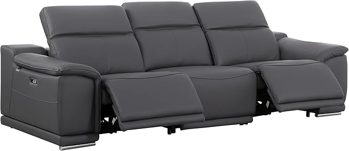 BlackJack Furniture Venice Top Grain Italian Leather Recliner 7 Seater 5 Power Reclining 3 Piece Sofa Set with Adjustable Headrests Modern Seating Sofa, Loveseat and Chair for Living Room, Dark Grey