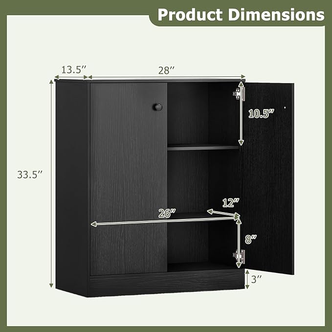 Giantex 2 Door Storage Base Cabinet - Freestanding Floor Cabinet with 3-Tier Shelf, Non-Slip Foot Pads, Kitchen Cupboard Storage Organizer for Living Room, Hallway, Entryway, Office (Black)