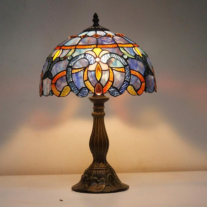 WERFACTORY Tiffany Lamp Blue Purple Stained Glass Style Table Lamp Reading Desk Light 12X12X18 Inches Decor Bedroom Living Room Home Office S558 Series