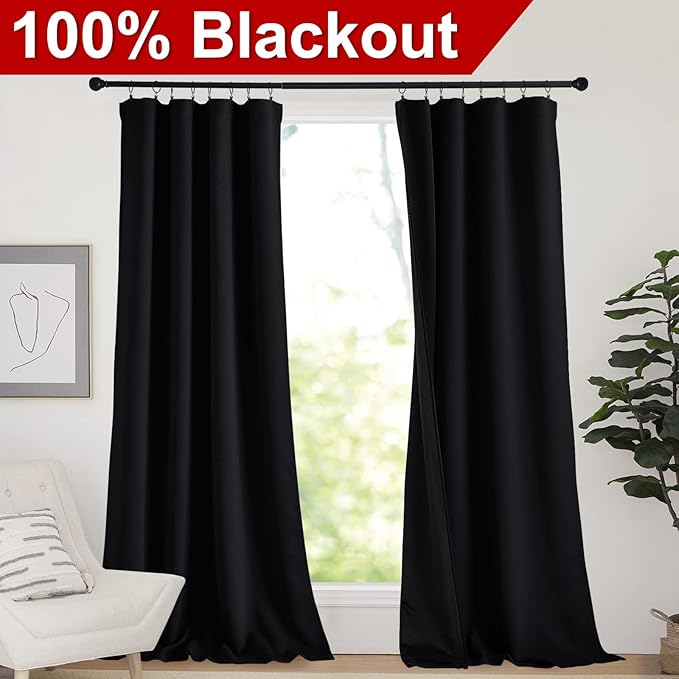NICETOWN Extra Long Truly Blackout Drapes for Hall and Villa, 100% Blackout Window Curtain Panels with Black Lined for Night Shift Worker, 52 inches Width Each Panel, 108-inch Length, Black, 2 Pieces