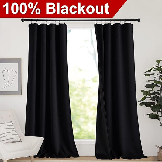 NICETOWN Extra Long Truly Blackout Drapes for Hall and Villa, 100% Blackout Window Curtain Panels with Black Lined for Night Shift Worker, 52 inches Width Each Panel, 108-inch Length, Black, 2 Pieces