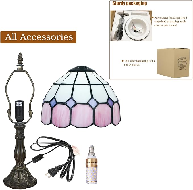 Table Lamp Tiffany-Style 8 Inch Mediterranean Series Stained Glass Lampshades Small Bedside Lamp Reading Antique Desk Light Livingroom Bedroom Office Vintage Art De(Color:Pink)