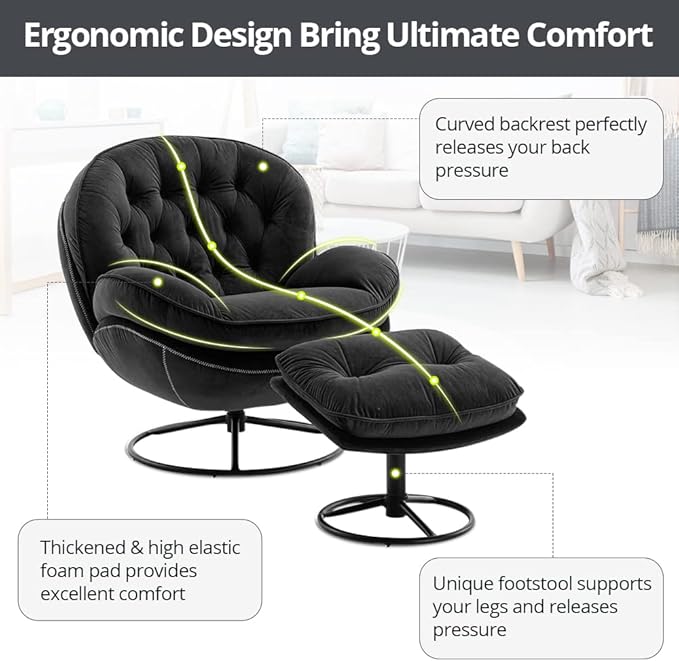 Velvet Swivel Accent Chair with Ottoman Set, Modern Lounge Chair with Metal Base Frame & Footrest, Comfortable Single Leisure Sofa Chair Reading Chair with 360 Degree Swiveling for Living Room, Black