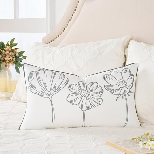 Sunkifover Decorative Floral Lumbar Pillow Cover 12x20 Inch Grey and White Cotton Embroidery Flower Throw Pillowcase Cushion Cover for Bed Bedroom, Living Room, Sofa