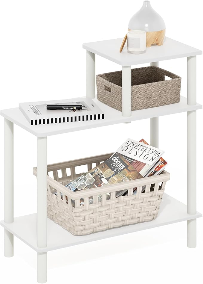Furinno Turn-N-Tube Side Table, 3-Tier Rectangle Sofa End Table with Open Shelf, Toolless Assembly Night Stand, Bedside Table, for Living Room, Bedroom, White