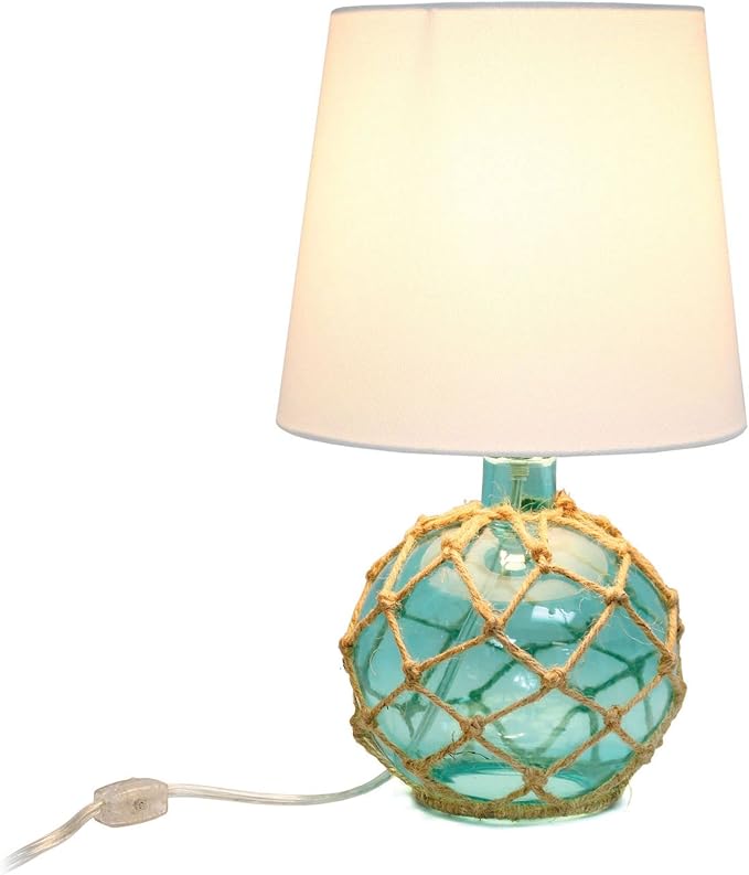 Elegant Designs LT1050-AQU Buoy Rope Nautical Netted Coastal Ocean Sea Glass Table Lamp with White Fabric Shade, Aqua
