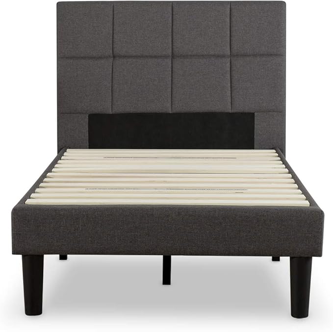 Zinus Lottie Upholstered Platform Bed Frame, Mattress Foundation, Wood Slat Support, No Box Spring Needed, Easy Assembly, Grey, Twin