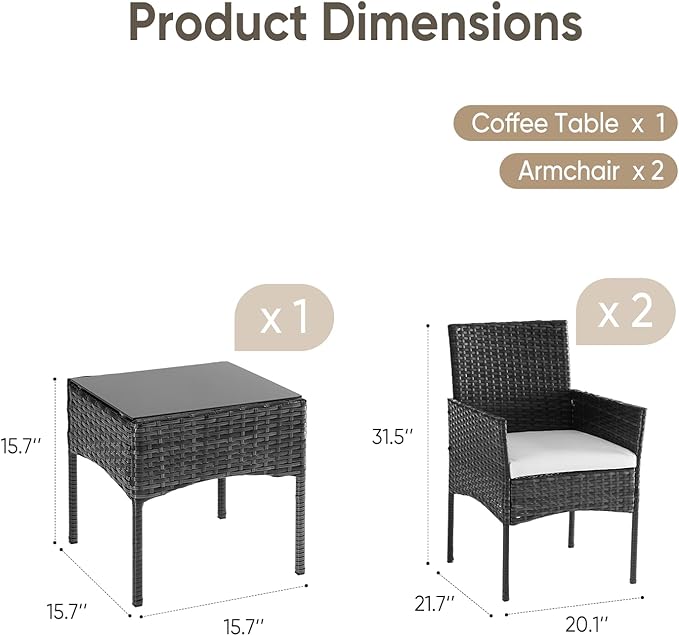 DUMOS 3 Piece Patio Furniture Set, All-Weather Outdoor Wicker Chairs with Removable Cushions & Tempered Glass Table, Small Bistro Set for Porch, Balcony, Lawn, Backyard, Black