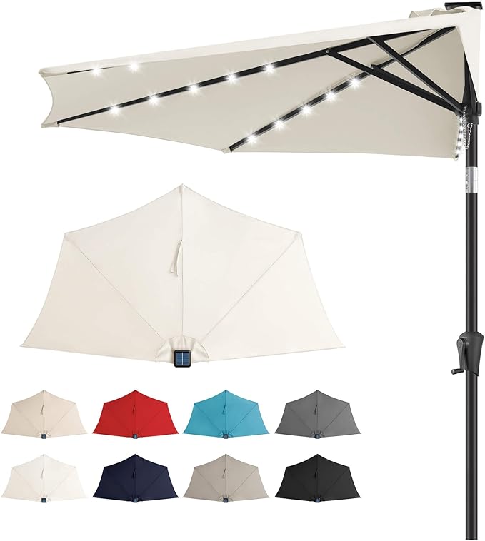 9FT Solar Half Umbrellas Outdoor - LED Half Patio Umbrella with 25 Lights, UV Protection Waterprool, Half Round Umbrella for Wall Balcony, Pool, Porch, Garden, Deck, Backyard, Ivory