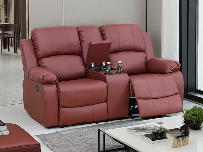 Modern Recliner Loveseat Vegan Leather Reclining Couch 2 Seater Manual Recliner Sofa Living Room Couch with Cup Holders & Storage Console for Home Theater/Office/Rv Car (Red, Loveseat)
