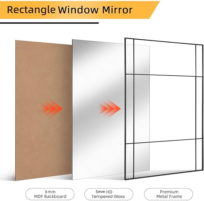 Muzilife 30x47 Black Rectangular Window Mirror, Large Windowpane Tempered Wall Mirror, Window Pane Grid Mirrors with Hand Polished Metal Frame, Vertically for Wall Decor, Half-Pane